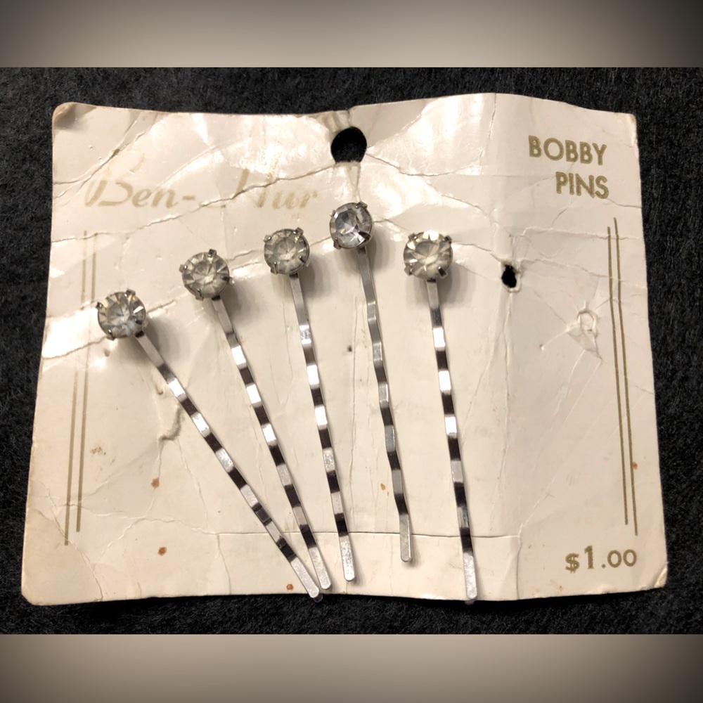 Vintage Ben-Hur silver tone rhinestone bobby pins. Original package with five